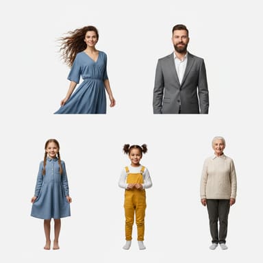 AI-generated set of five isolated people on a plain background: a woman in a blue dress, a man in a grey suit, two girls and an older woman