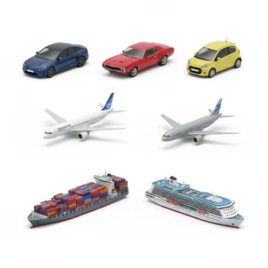 AI-generated sheet of isolated vehicles on a light background: two cars, an airliner, a container ship and a cruise ship
