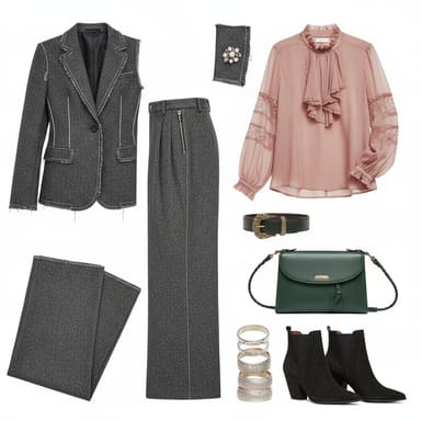AI-generated cutout set of clothing and accessories on a plain background: grey blazer and trousers, pink blouse, black belt, green bag, bracelet and black boots