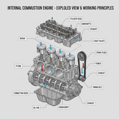 AI-generated exploded view of a four-cylinder car engine with callouts for the cylinder head, camshafts, pistons, crankshaft, timing belt and oil pan