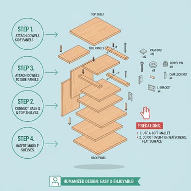 AI-generated flat-style assembly guide for a wooden bookshelf showing shelves, side panels, screws and brackets separated along a vertical axis with numbered steps