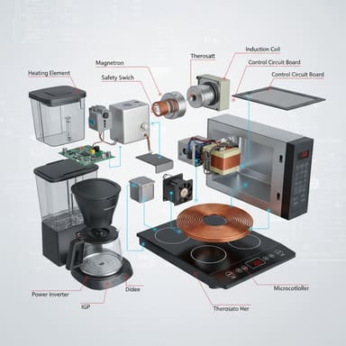 AI-generated exploded view of a coffee maker and an induction hob with labelled parts including the heating element, induction coil, thermostat and control board