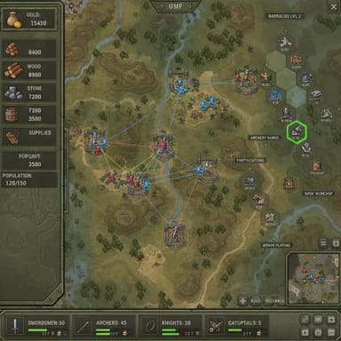 AI-generated strategy game screen with a hexagonal tactical map, resource sidebar, minimap and bottom skill bar with unit counts