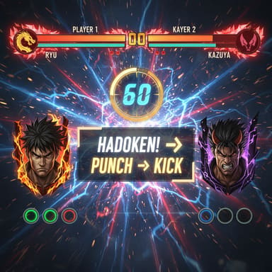 AI-generated fighting game HUD with two fighter portraits, mirrored health bars, a round timer reading 60 and a move prompt