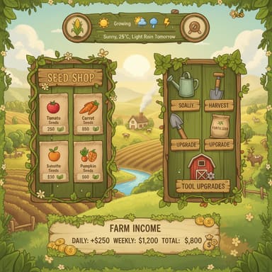 AI-generated farming game interface with a seed shop panel, crop prices, tool upgrade buttons, a weather widget and a farm income panel