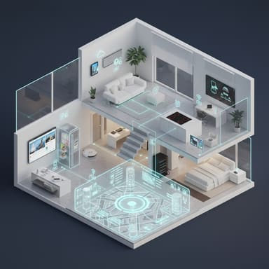 AI-generated isometric cutaway of a smart apartment interior with a holographic floor plan projected on the floor