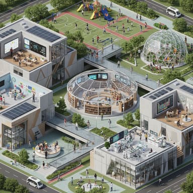 AI-generated isometric view of an education campus with a domed library, sports field, classroom buildings and roads with vehicles