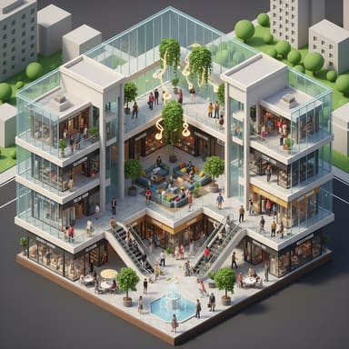 AI-generated isometric cutaway of a multi-storey shopping mall showing escalators, an atrium, shop fronts and shoppers