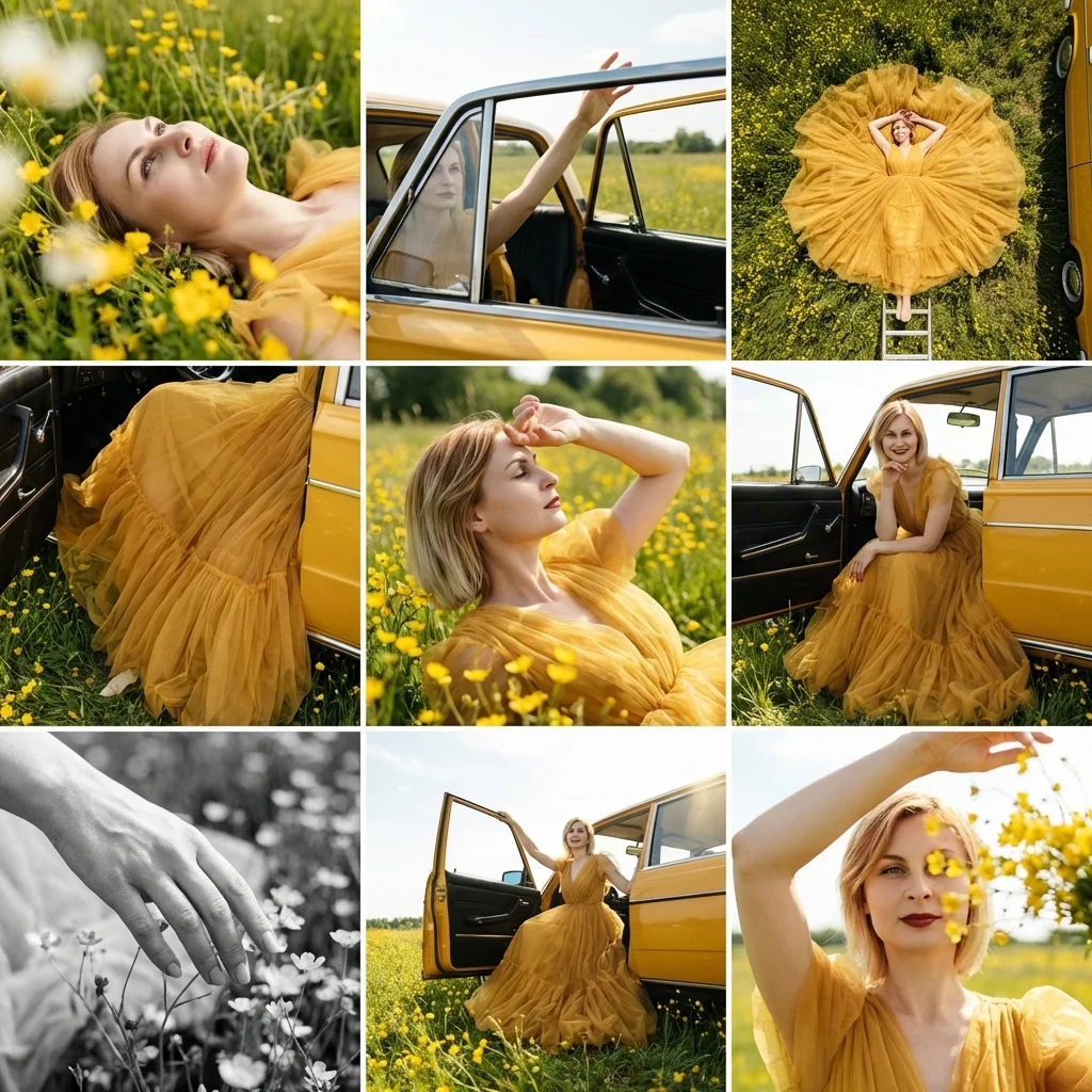 Sunlit Meadow Vintage Car 3x3 Grid - Nano banana AI generated result