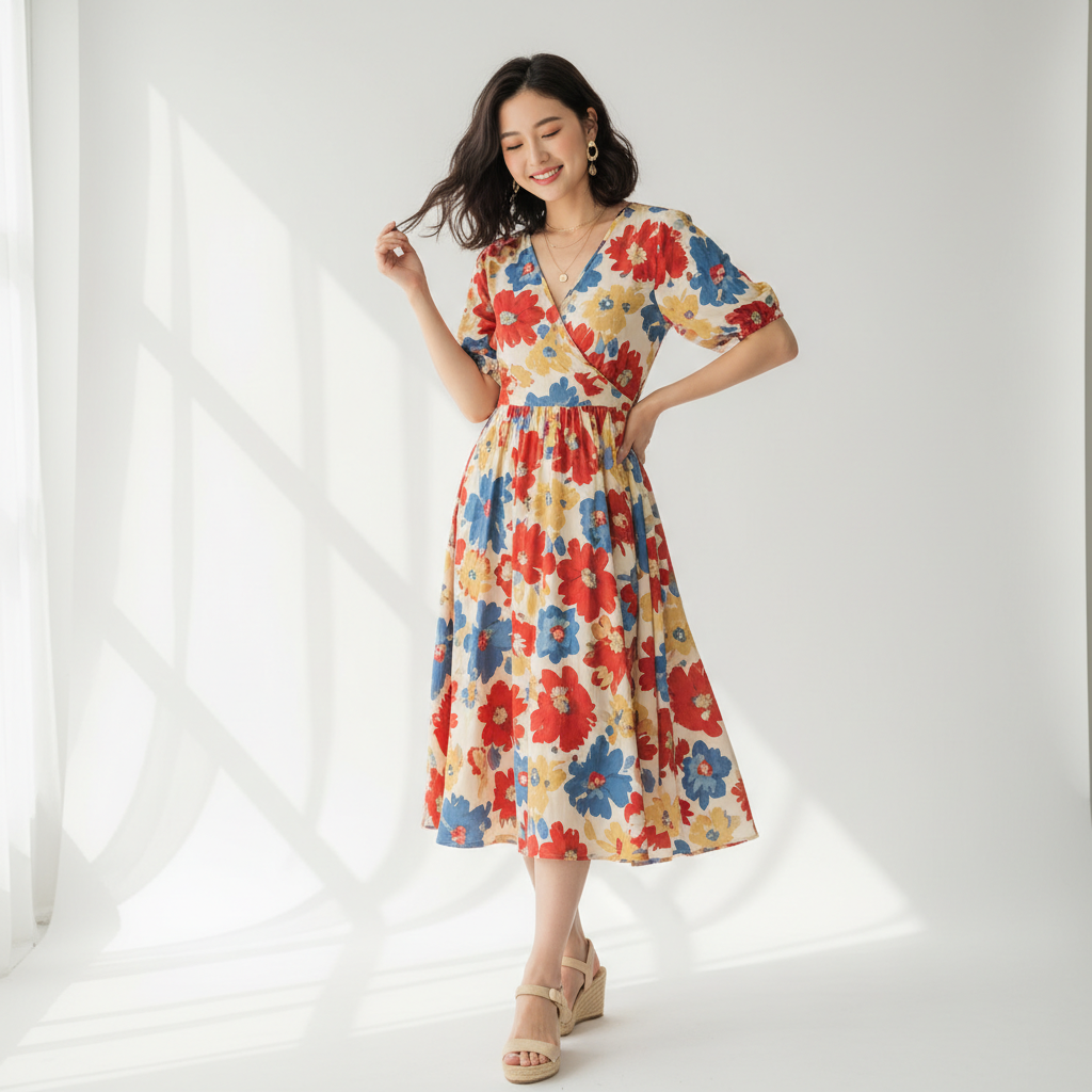 AI Virtual Try-On — Floral Dress — Nano Banana 2 AI-generated image, E-commerce Virtual try-on