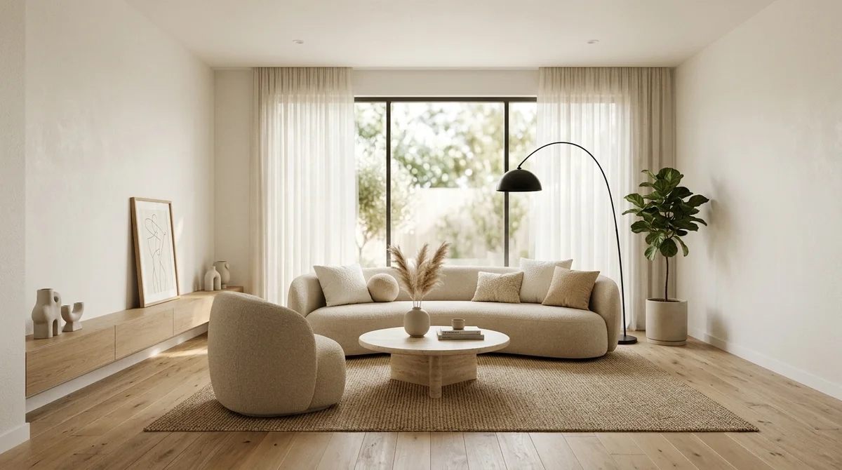 Modern Warm Minimalist Living Room — Nano Banana 2 AI-generated image, Home & Interior Living room rendering