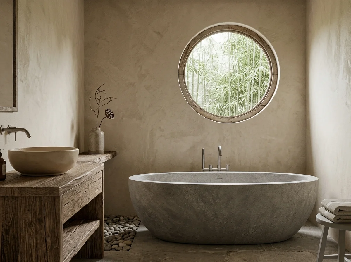 Japanese Wabi-Sabi Bathroom — Nano Banana 2 AI-generated image, Home & Interior Bathroom rendering