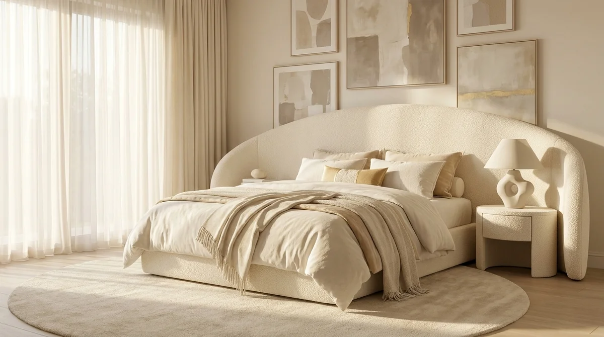 Luxury Cream-Toned Curved Bedroom — Nano Banana Pro AI-generated image, Home & Interior Bedroom rendering
